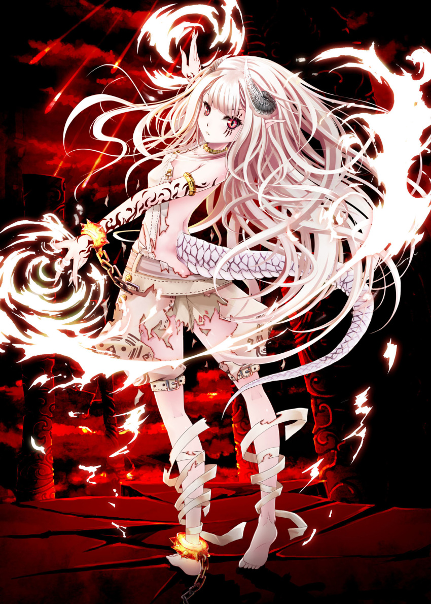 barefoot chains cuffs dragon_girl dragon_horns dragon_tail female fingernails highres horns kaku-san-sei_million_arthur long_hair looking_at_viewer million_arthur_(series) official_art photoshop_(medium) pointy_ears red_eyes shackles sharp_fingernails shorts slit_pupils solo tail tattoo torn_clothes torn_legwear wait white_hair