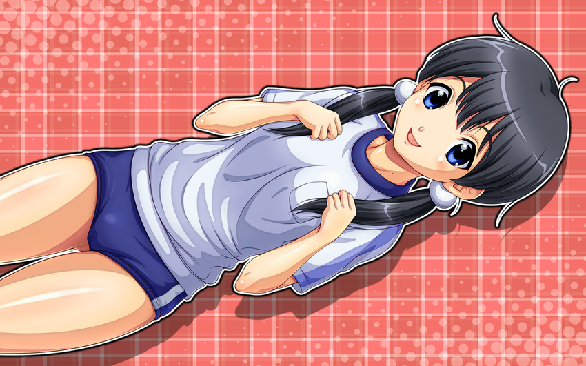 black_hair blue_eyes buruma commentary_request female gym_uniform haru_kanata highres kitashirakawa_tamako long_hair low_twintails mole mole_on_neck photoshop_(medium) tamako_market twintails