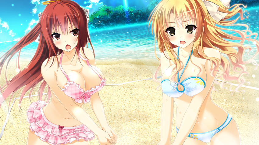 beach bikini blonde_hair breasts cleavage ecchi_de_hentai!_yakimochi_ojou-sama!! ensemble_(company) game_cg kurusugawa_alice long_hair ponytail shiratori_mayu swimsuit tagme_(artist)