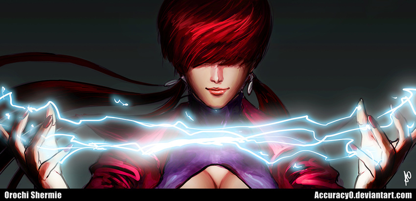 accuracy0 breasts cleavage colorized commentary_request cropped_jacket earrings female hair_over_eyes jewelry large_breasts leotard lightning lips lipstick long_hair low_twintails makeup nose orochi_shermie photoshop_(medium) red_hair revision shermie_(kof) smile solo the_king_of_fighters twintails