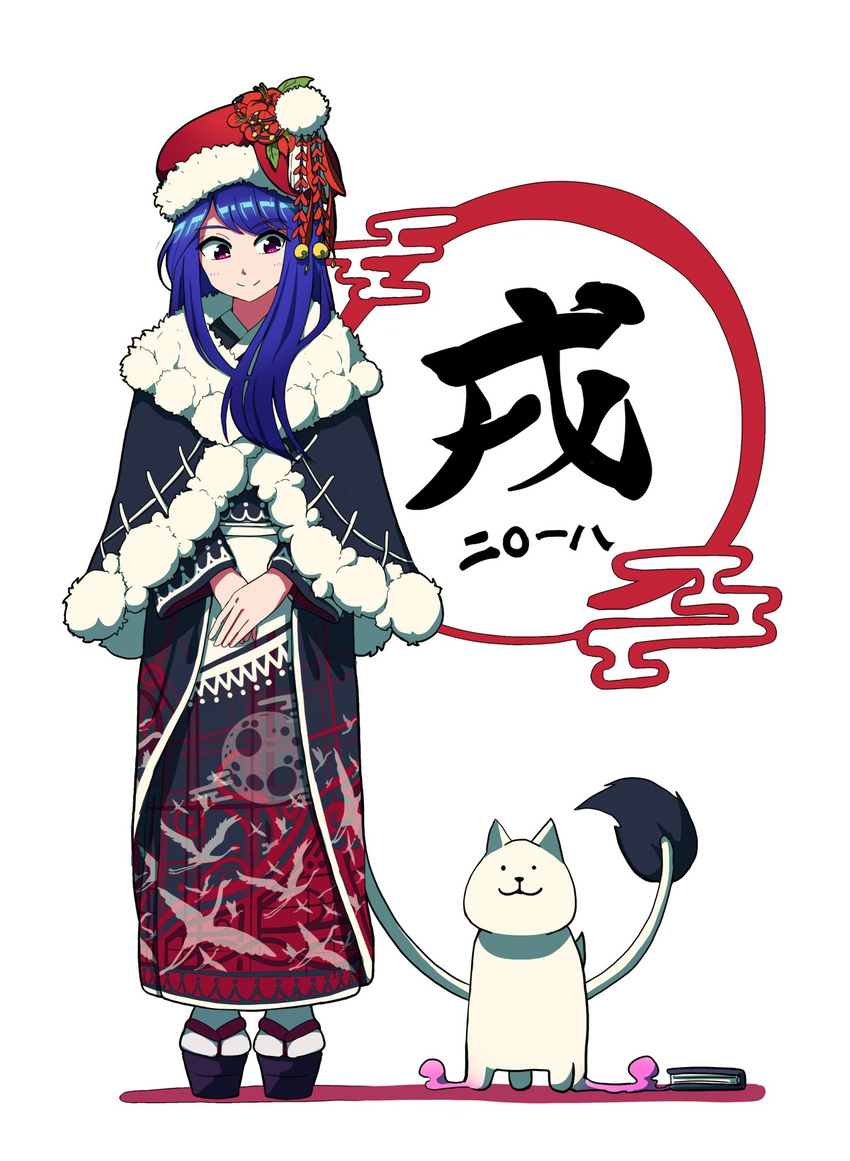 2018 alternate_costume animal animal_print bad_id bad_twitter_id bird_print black_capelet black_kimono blue_hair book canine capelet closed_mouth commentary_request doremy_sweet female flower hat hat_flower highres japanese_clothes kimono long_hair looking_down nightcap own_hands_together pink_eyes red_flower red_hat sandals shishi_osamu simple_background smile solo tabi tail tapir_tail touhou white_background white_legwear