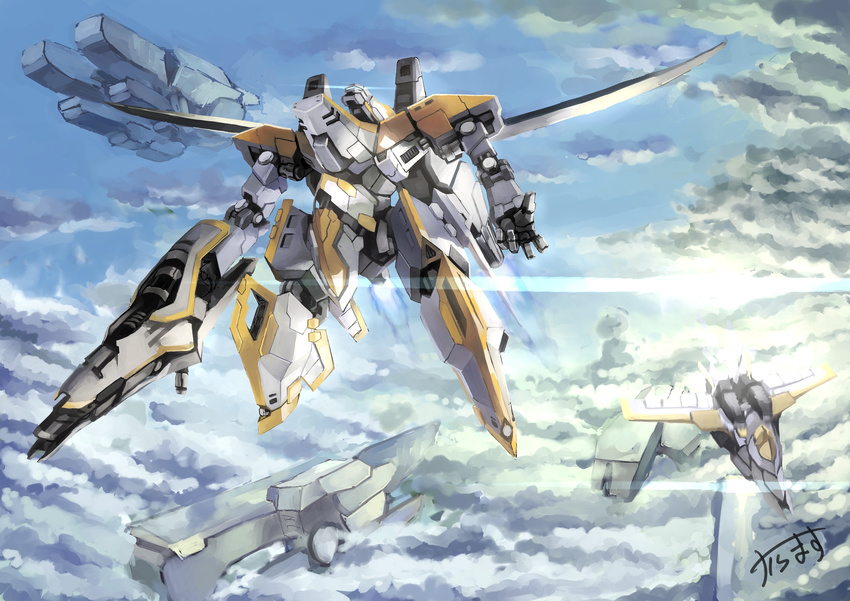 absurdres aircraft airplane commentary_request fighter_jet flying gun highres holding holding_weapon jet karamas mecha military military_vehicle no_humans original robot signature weapon