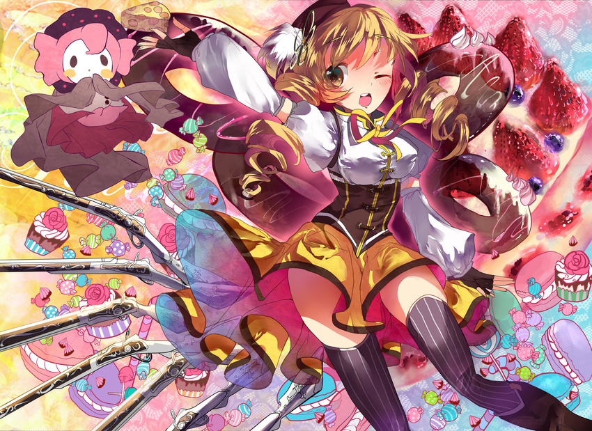 absurdres cake candy charlotte_(madoka_magica) commentary_request female food fruit gun highres hoshika_ranoe mahou_shoujo_madoka_magica mahou_shoujo_madoka_magica_(anime) one_eye_closed strawberry striped thighhighs tomoe_mami tomoe_mami_(magical_girl) vertical_stripes weapon zettai_ryouiki