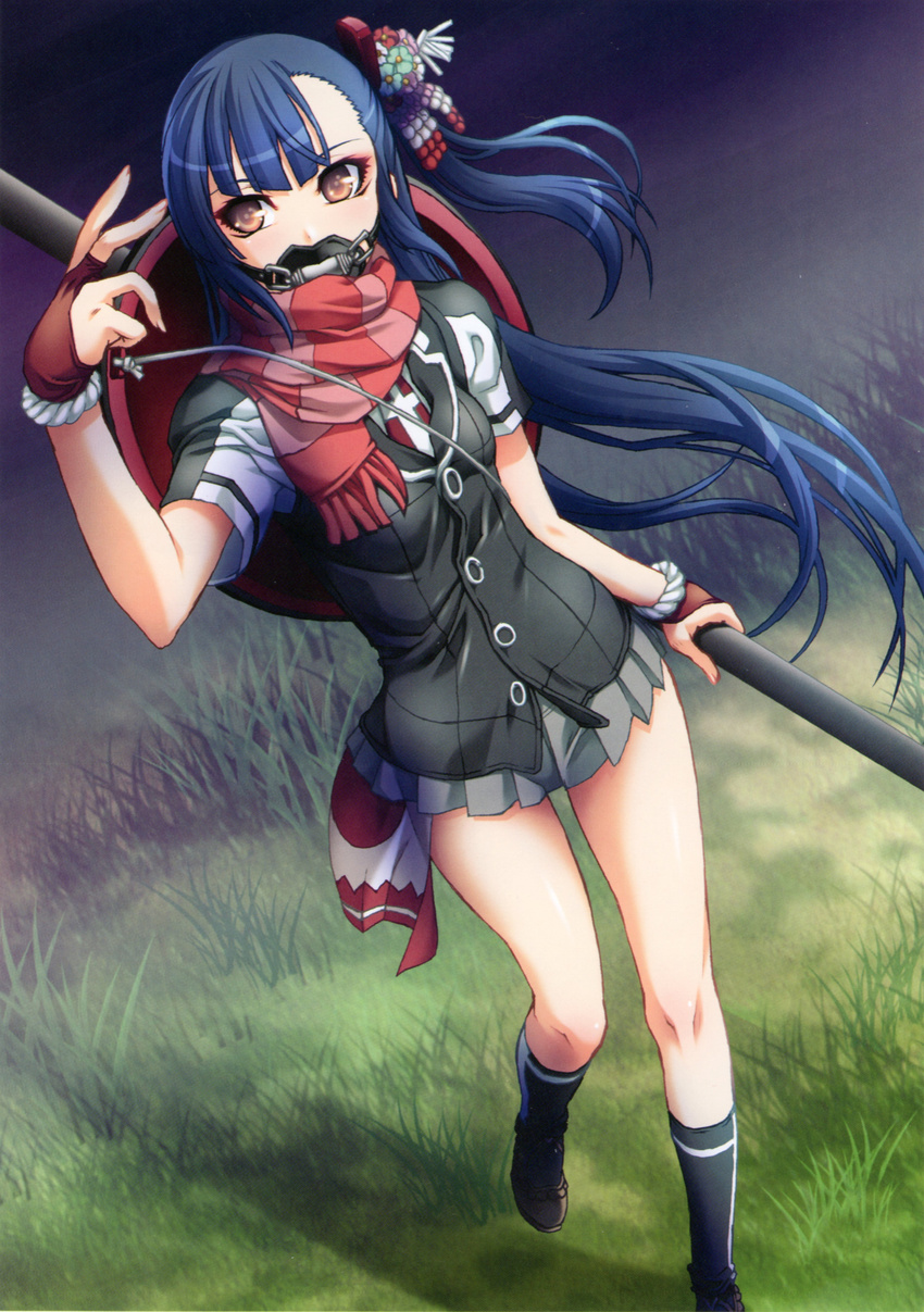 absurdres blue_hair dutch_angle female female grass highres houzouin_inshun hyakka_ryouran_samurai_girls inshun_houzouin legs long_hair nishii_(nitroplus) skirt solo standing