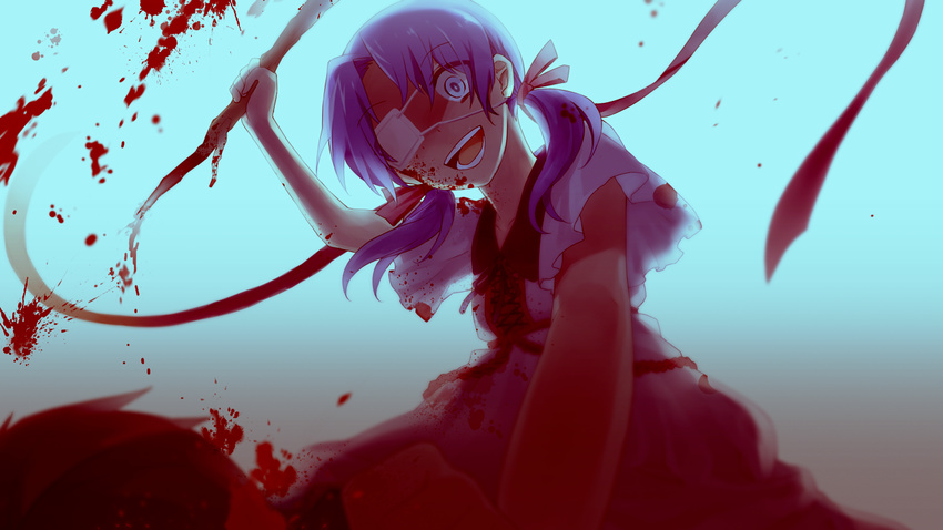 :d blood blood_on_clothes blood_on_face blood_splatter blue_background blue_eyes collarbone dress eyebrows eyepatch fault female from_below game_cg hair_ribbon holding konatsu_hare low_twintails medical_eyepatch official_art open_mouth pink_ribbon ribbon rune_(fault) shaded_face sitting sitting_on_person smile solo spoilers stick twintails white_dress