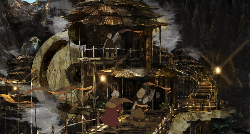 2girls beard blonde_hair cane capelet city commentary dress facial_hair fantasy gloves grey_hair landscape lantern long_hair multiple_girls obaryo old old_man old_woman original pants red_dress stairs waving