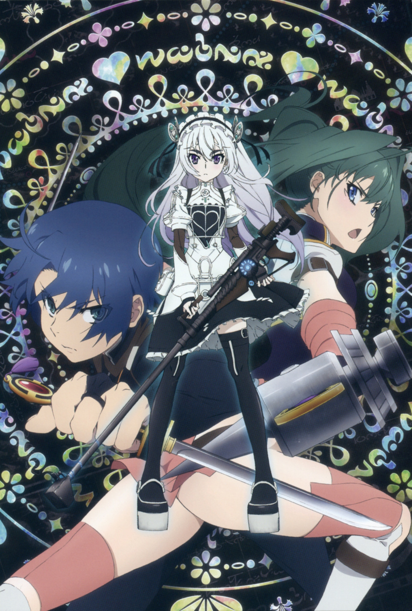 1boy 2girls absurdres akari_acura chaika_trabant dagger gun highres hitsugi_no_chaika huge_filesize long_hair multiple_girls purple_eyes thighhighs tooru_acura warhammer weapon white_hair