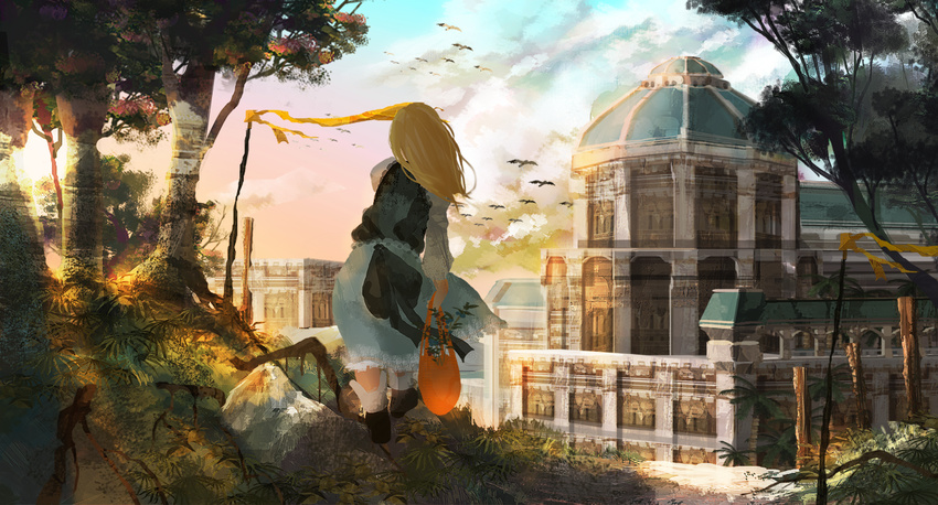 bag bird blonde_hair city commentary_request dress female landscape long_hair obaryo original outdoors shopping_bag skirt sunset