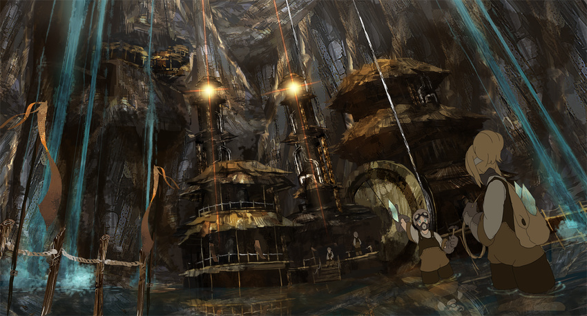 2girls bag brown_hair cave commentary crystal fantasy gas_mask gloves goggles goggles_on_head hammer lantern long_hair mask multiple_girls obaryo original partially_submerged satchel topknot water waterfall