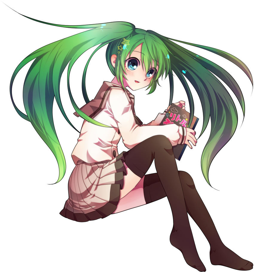 blue_eyes book commentary_request female green_hair hatsune_miku highres long_hair magu simple_background sitting skirt solo thighhighs twintails very_long_hair vocaloid