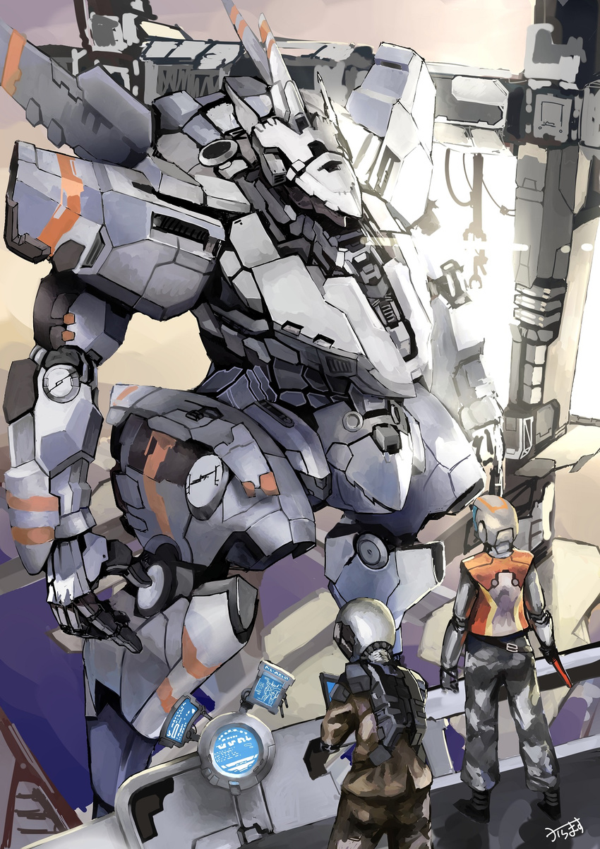 commentary_request gun hangar highres karamas mecha military original robot signature weapon