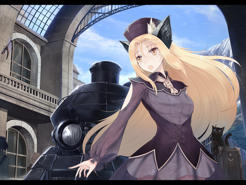 animal animal_ears blonde_hair building feline hat long_hair original sts train yellow_eyes