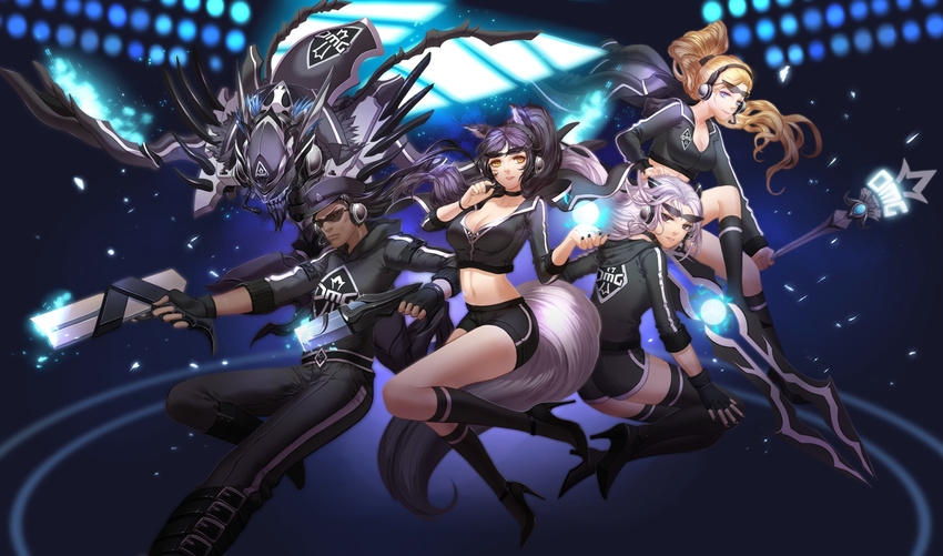 2boys 3girls ahri_(league_of_legends) alternate_costume alternate_hairstyle animal_ears black_hair black_legwear blonde_hair blue_eyes breasts chinese_commentary citemer cleavage commentary_request crop_top esports_cosmetic fox_ears grey_hair headset highres irelia janna_(league_of_legends) kha'zix league_of_legends long_hair long_legs looking_at_viewer looking_back lucian_(league_of_legends) medium_breasts midriff multiple_boys multiple_girls oh_my_god_(team) pointy_ears purple_eyes staff sunglasses thighhighs yellow_eyes