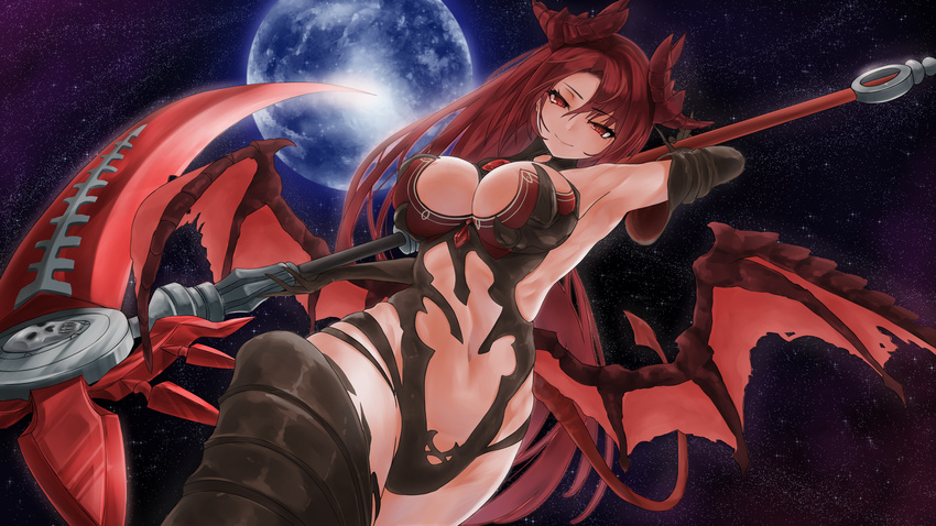 armpits breasts cleavage demon_girl demon_tail demon_wings epis female groin highres holding holding_scythe holding_weapon horns king's_raid large_breasts long_hair looking_at_viewer monster_girl moon navel night night_sky nishixciv outdoors red_eyes red_hair scythe skull_print sky smile solo star_(sky) starry_sky tail weapon wings