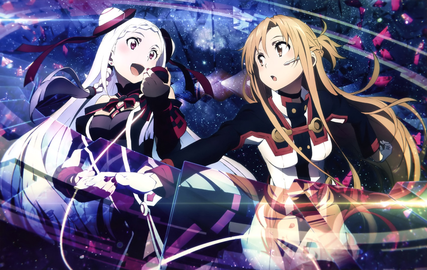 2girls bow braids brown_eyes brown_hair dress gloves long_hair microphone red_eyes ribbons scan shigemura_yuuna sword_art_online white_hair yano_akane yuuki_asuna