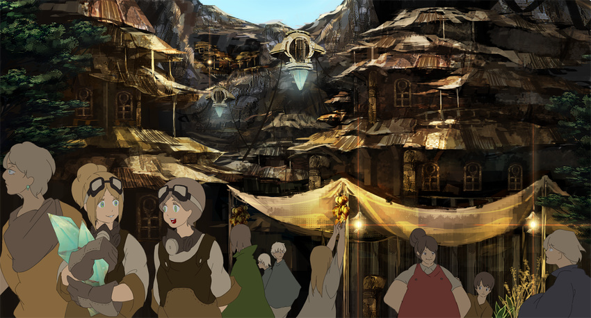 4boys 5girls blonde_hair blue_eyes brown_eyes brown_hair city commentary crystal fantasy gas_mask gloves goggles goggles_on_head green_eyes landscape lantern long_hair mask mountain multiple_boys multiple_girls obaryo original outdoors