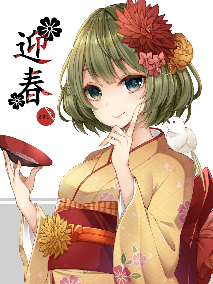 alcohol bird blue_eyes brown_hair commentary_request cup female flower furisode green_eyes hair_flower hair_ornament heterochromia highres idolmaster idolmaster_cinderella_girls japanese_clothes kimono looking_at_viewer mole mole_under_eye ripu_(sherypton) sakazuki sake short_hair smile solo takagaki_kaede tied_hair yoi_otome_(idolmaster)