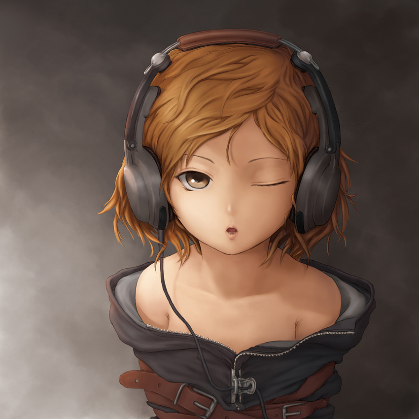 bare_shoulders blonde_hair bound female headphones highres lips non-web_source one_eye_closed open_mouth original photoshop_(medium) short_hair solo ss39 tied_up_(nonsexual) yellow_eyes