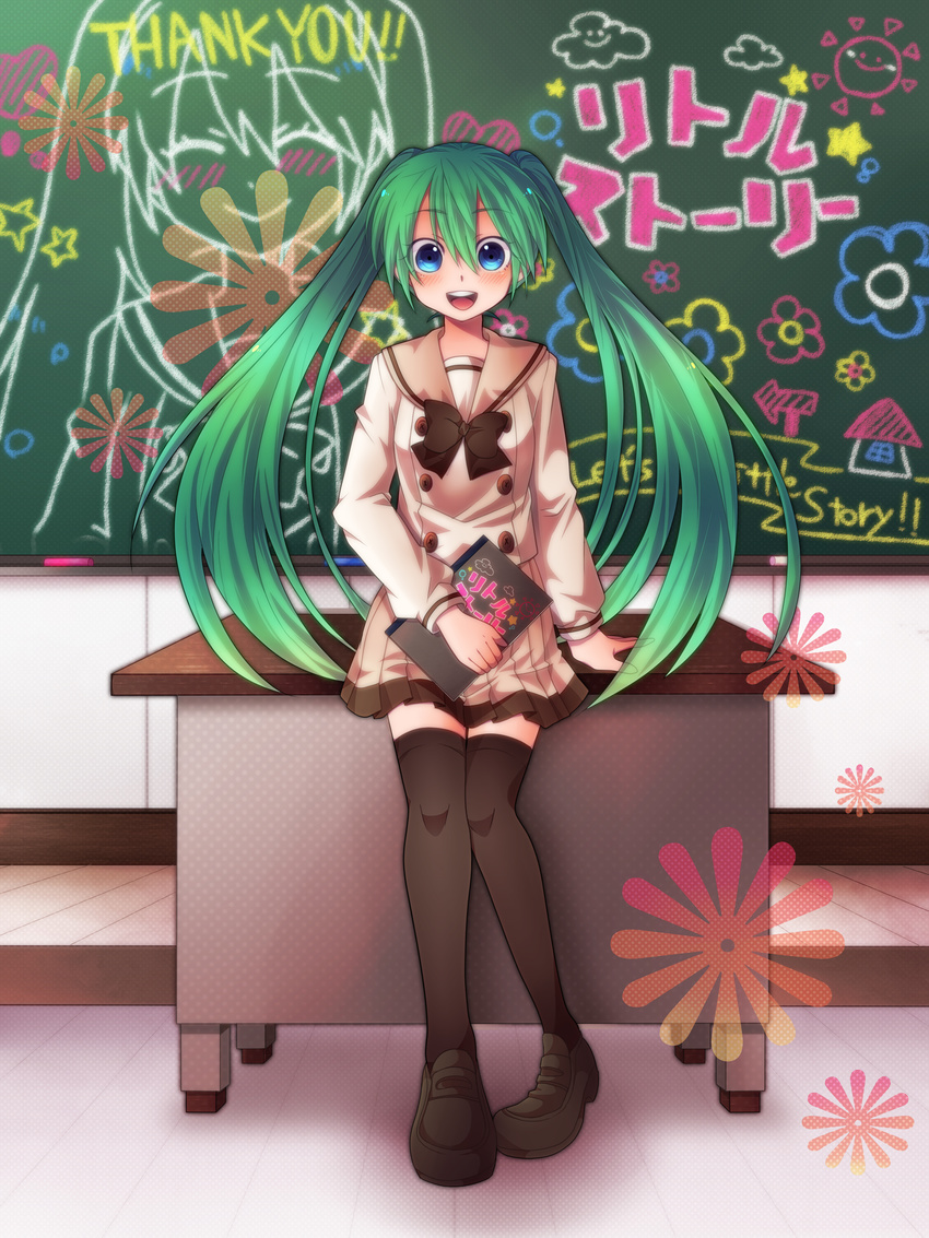 :d absurdres blue_eyes book bow bowtie chalkboard commentary_request female green_hair hatsune_miku highres loafers long_hair magu open_mouth photoshop_(medium) shoes skirt smile solo thighhighs twintails very_long_hair vocaloid zettai_ryouiki