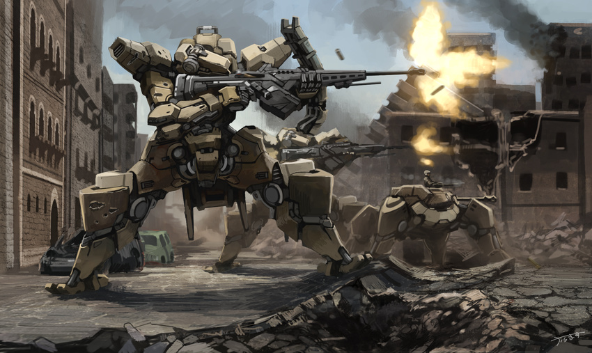 1boy assault_rifle battle building cannon city commentary_request firing gun hexapod highres holding holding_gun holding_weapon karamas machine_gun mecha mecha_focus military military_vehicle motor_vehicle original realistic rifle road robot ruins science_fiction signature smoke street tank walker_(robot) weapon wreckage