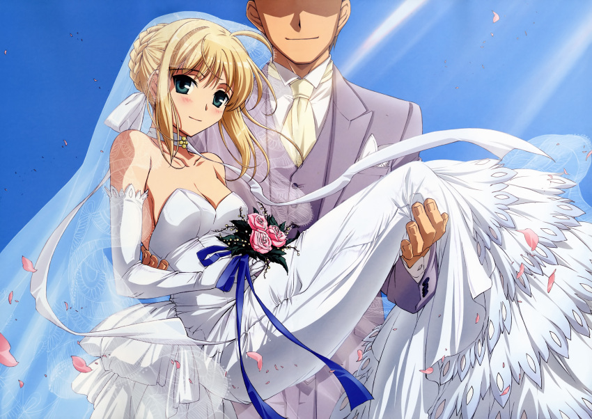 1boy absurdres ahoge alternate_costume artoria_pendragon_(fate) baby's-breath bare_shoulders blonde_hair blush bouquet braid braided_bun breasts bridal_veil bride carrying choker cleavage collarbone dress elbow_gloves faceless faceless_male falling_petals fate/stay_night fate_(series) female flower gloves green_eyes grey_suit hair_bun hair_ribbon highres holding holding_bouquet ishii_kumi light_smile long_dress medium_breasts medium_hair necktie parody petals princess_carry ribbon ribbon_choker rose saber_(fate) shirt solo_focus strapless strapless_dress style_parody suit veil wedding_dress white_dress white_flower white_gloves white_rose white_shirt