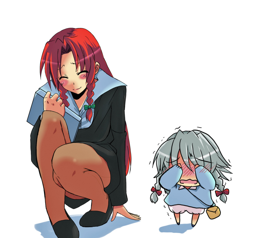 2girls aged_down alternate_costume blush braid brown_legwear buuwa casual chibi closed_eyes collaboration colorized commentary_request contemporary grey_hair highres hong_meiling izayoi_sakuya kindergarten multiple_girls ooike_teru pantyhose photoshop_(medium) red_hair ribbon tears touhou trembling twin_braids