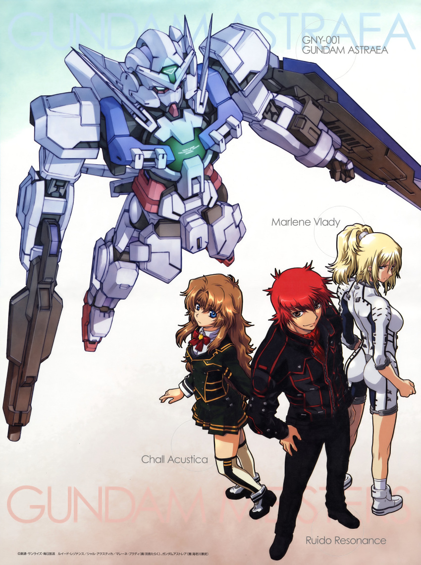 1boy 2girls absurdres aqua_eyes blonde_hair blue_eyes brown_eyes brown_hair chall_acustica ebikawa_kanetake gundam gundam_00 gundam_00p gundam_astraea highres kneehighs marlene_vlady mecha multiple_girls red_hair robot ruido_resonance skirt socks uon_taraku