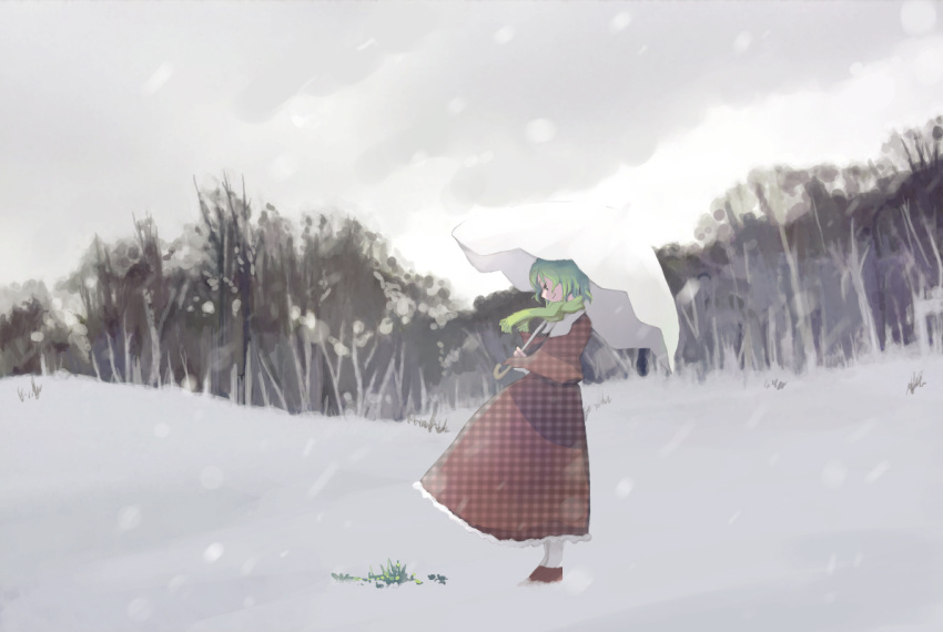 ascot female green_hair kazami_yuuka light_smile nature plaid plaid_skirt plaid_vest red_eyes short_hair skirt skirt_set snow solo standing takanashi_akihito touhou umbrella unmoving_pattern vest