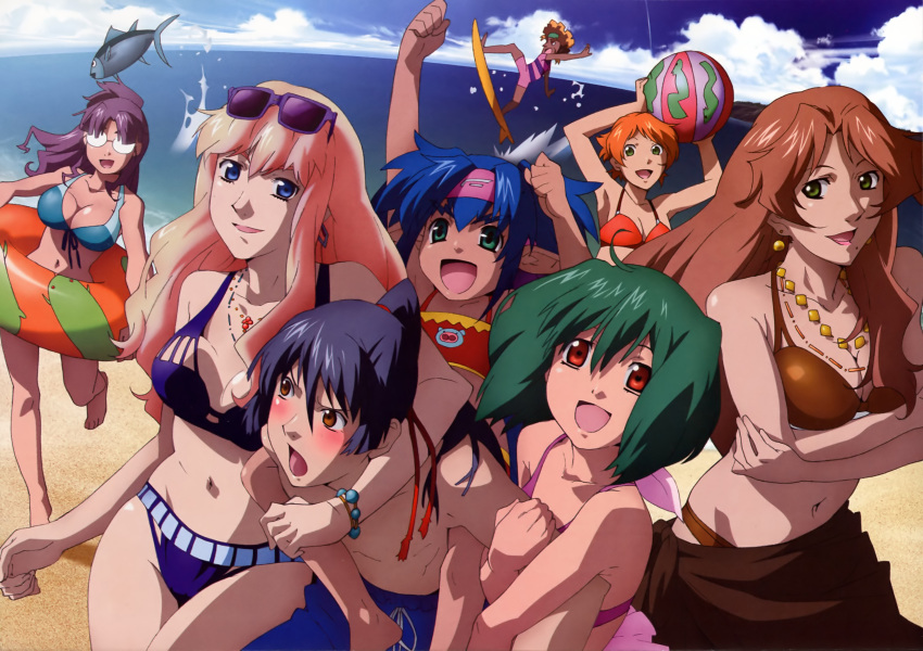 2boys 6+girls :d absurdres ball beach beachball bikini blue_eyes blue_hair blush bobby_margot breasts brown_eyes catherine_glass cleavage day glasses green_eyes green_hair highres innertube klan_klein large_breasts lolicon long_hair macross macross_frontier matsuura_nanase medium_breasts megami_magazine meltrandi monica_lang multiple_boys multiple_girls navel official_art opaque_glasses open_mouth outdoors pointy_ears purple_hair ranka_lee saotome_alto scan sheryl_nome short_hair smile sunglasses swim_ring swimsuit takahashi_yuuichi zentradi