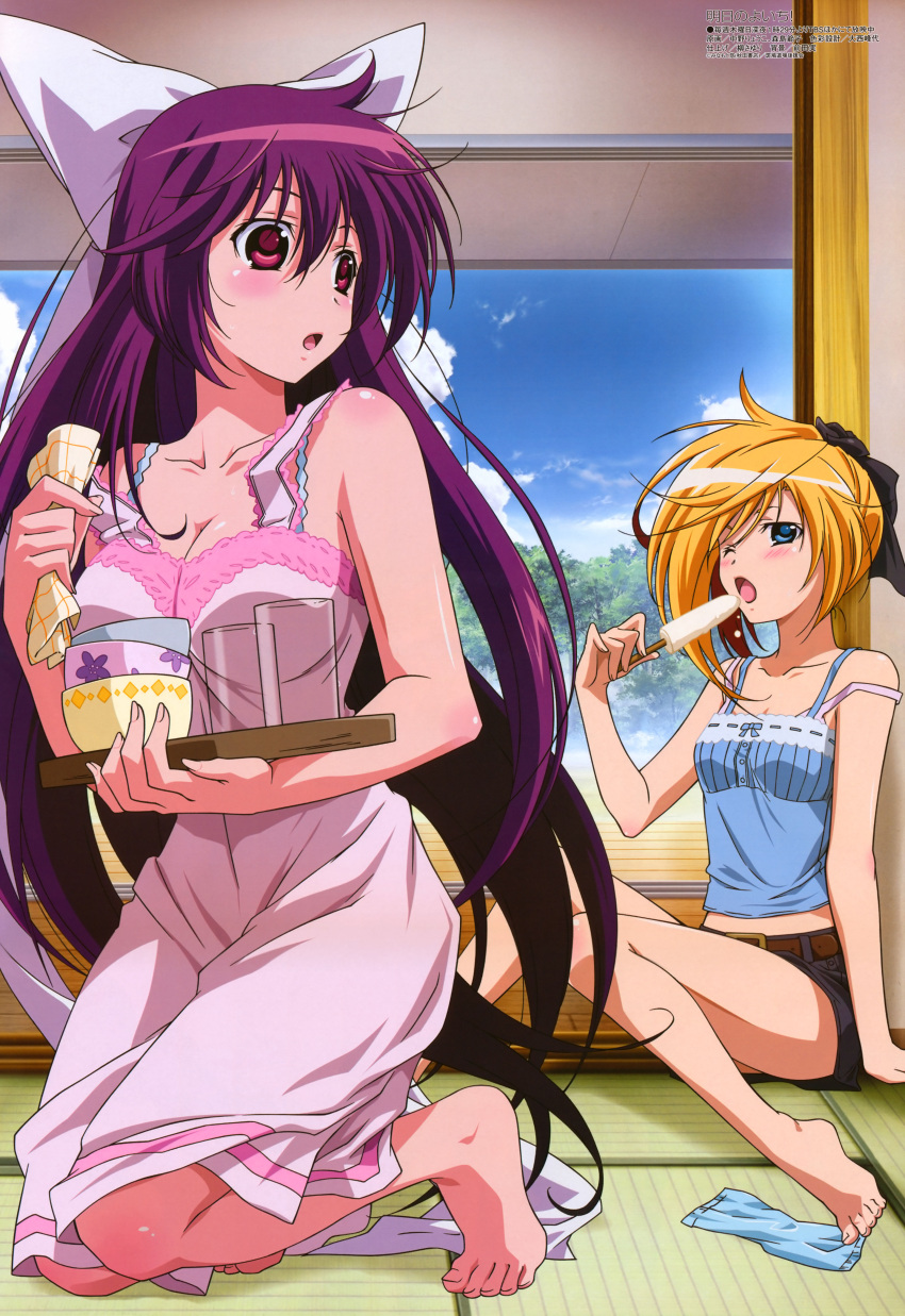 2girls absurdres apron asu_no_yoichi bare_shoulders barefoot belt blonde_hair blue_eyes blush bow bowl breasts camisole cleavage collarbone cup feet food hairbow highres ice_cream ikaruga_ayame ikaruga_ibuki imageboard_desourced long_hair magazine_scan medium_breasts megami_magazine midriff morishima_noriko multiple_girls nakano_ryouko non-web_source official_art one_eye_closed open_mouth photoshop_(medium) popsicle purple_eyes purple_hair scan shorts strap_slip tatami toes tray very_long_hair