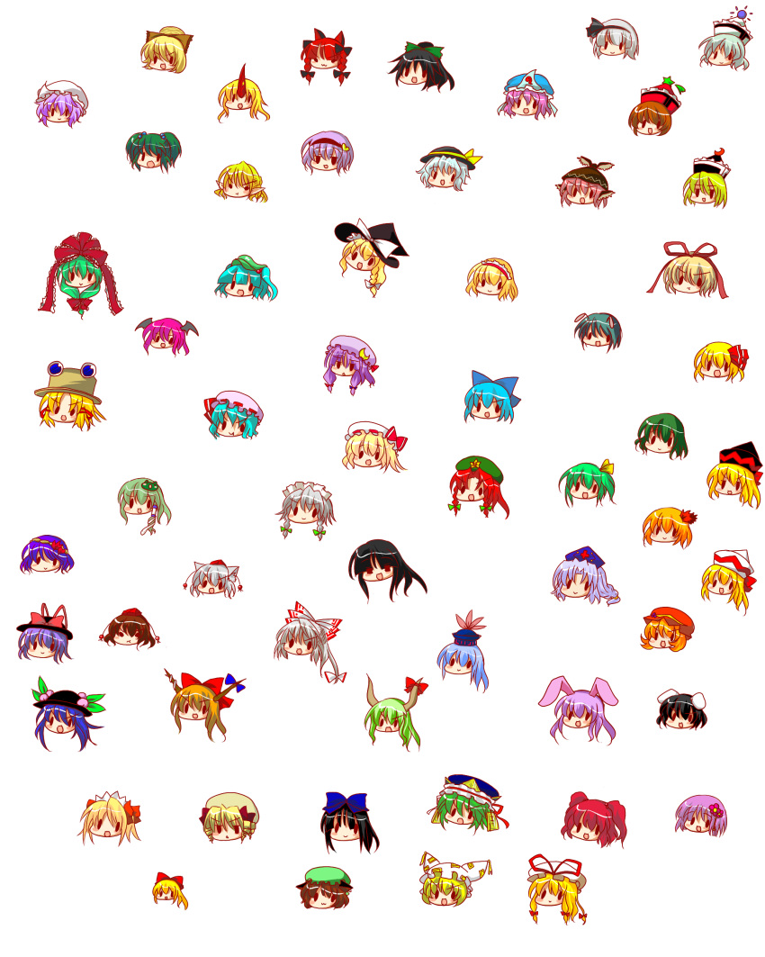 6+girls :3 absurdres aki_minoriko aki_shizuha alice_margatroid animal_ears animal_hat black_hair blonde_hair blue_hair bow brown_hair buuwa cat_ears chen chibi cirno commentary_request daiyousei everyone ex-keine flandre_scarlet frog_hair_ornament front_ponytail fujiwara_no_mokou green_hair hair_ornament hair_ribbon hairbow hat head headpiece hieda_no_akyuu highres hinanawi_tenshi hong_meiling horns hoshiguma_yuugi houraisan_kaguya ibuki_suika inaba_tewi inubashiri_momiji izayoi_sakuya kaenbyou_rin kagiyama_hina kamishirasawa_keine kawashiro_nitori kazami_yuuka kirisame_marisa kisume koakuma kochiya_sanae komeiji_koishi komeiji_satori konpaku_youmu kurodani_yamame leaf leaf_on_head letty_whiterock lily_black lily_white long_hair luna_child lunasa_prismriver lyrica_prismriver medicine_melancholy merlin_prismriver mizuhashi_parsee mob_cap moriya_suwako multiple_girls mystia_lorelei nagae_iku onozuka_komachi open_mouth orange_hair patchouli_knowledge pink_hair purple_hair red_hair reisen_udongein_inaba reiuji_utsuho remilia_scarlet ribbon rumia saigyouji_yuyuko shameimaru_aya shanghai_doll shiki_eiki short_hair side_ponytail single_horn solid_circle_eyes star_sapphire sunny_milk tokin_hat touhou wriggle_nightbug yagokoro_eirin yakumo_ran yakumo_yukari yasaka_kanako