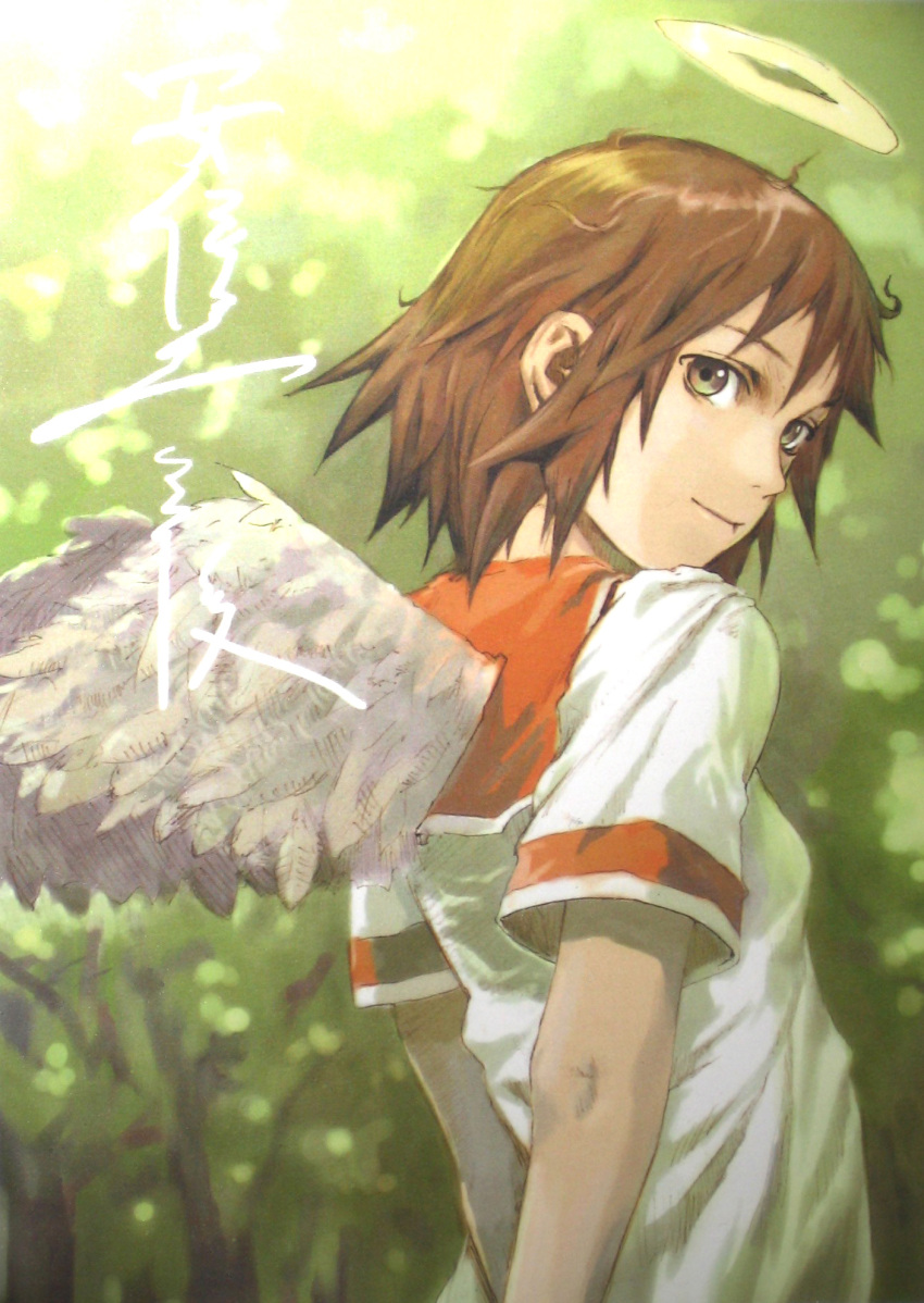 abe_yoshitoshi angel angel_wings brown_eyes brown_hair feathered_wings female haibane_renmei halo highres looking_back messy_hair orange_sailor_collar photoshop_(medium) rakka_(haibane) sailor_collar solo static_cling traditional_halo wings