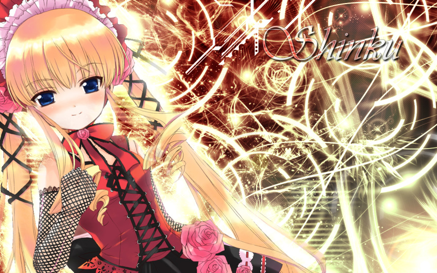 blonde_hair blue_eyes blunt_bangs blush bonnet doll dress female god_hand_(artist) long_hair long_sleeves looking_at_viewer magic photoshop_(medium) qp:flapper red_dress rozen_maiden shinku sidelocks solo third-party_edit twintails