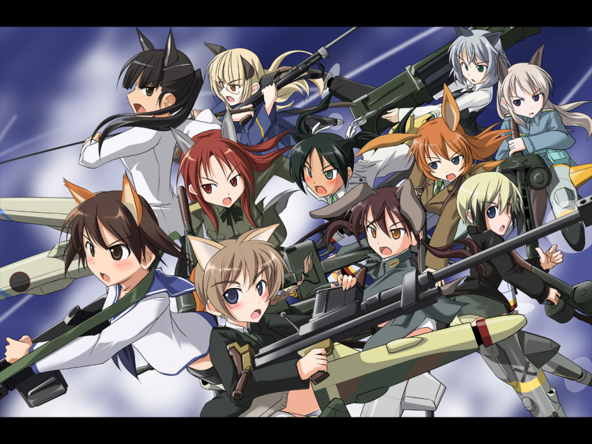 501st_joint_fighter_wing 6+girls animal_ears anti-materiel_rifle boys_anti_tank_rifle bren_lmg cat_ears cat_girl cat_tail charlotte_e._yeager commentary_request dog_ears dog_girl dog_tail drum_magazine dual_drum_magazine eila_ilmatar_juutilainen erica_hartmann everyone extra_ears fliegerhammer flying fox_ears fox_girl francesca_lucchini gertrud_barkhorn green_necktie gun holding holding_gun holding_weapon kuronyan letterboxed light_machine_gun lynette_bishop m1918_bar machine_gun magazine_(weapon) mg42 minna-dietlinde_wilcke miyafuji_yoshika multiple_girls multishot_rocket_launcher necktie no_pants perrine_h._clostermann photoshop_(medium) rabbit_ears rabbit_girl rifle rocket_launcher roundel sakamoto_mio sanya_v._litvyak sniper_rifle strike_witches striker_unit tail type_99_cannon weapon wolf_ears wolf_girl wolf_tail world_witches_series