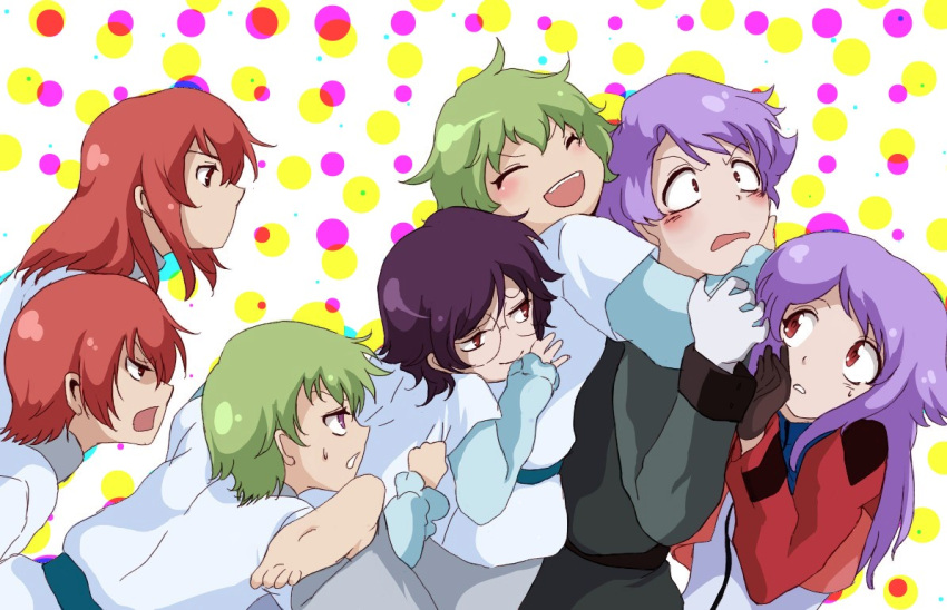 2girls 5boys anew_returner aucie bring_stabity commentary_request divine_nova everyone green_hair gundam gundam_00 hilling_care innovators_(gundam_00) long_hair mamotte_shugogetten! multiple_boys multiple_girls parody purple_eyes purple_hair red_eyes red_hair regene_regetta revive_revival ribbons_almark short_hair