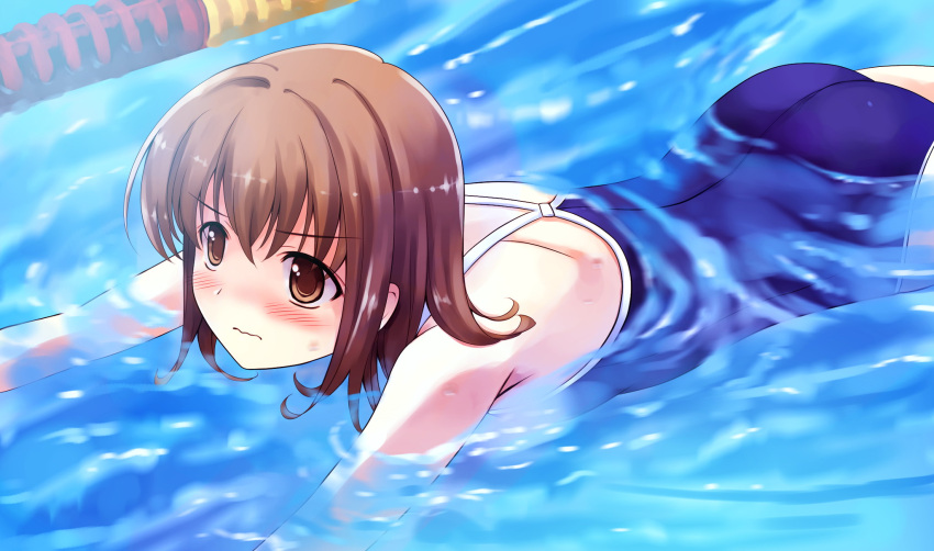 blush brown_eyes brown_hair competition_school_swimsuit female game_cg highres misaki_kurehito one-piece_swimsuit pool school_swimsuit solo suiheisen_made_nan_mile? swimsuit tsuyazaki_kokage water wavy_mouth