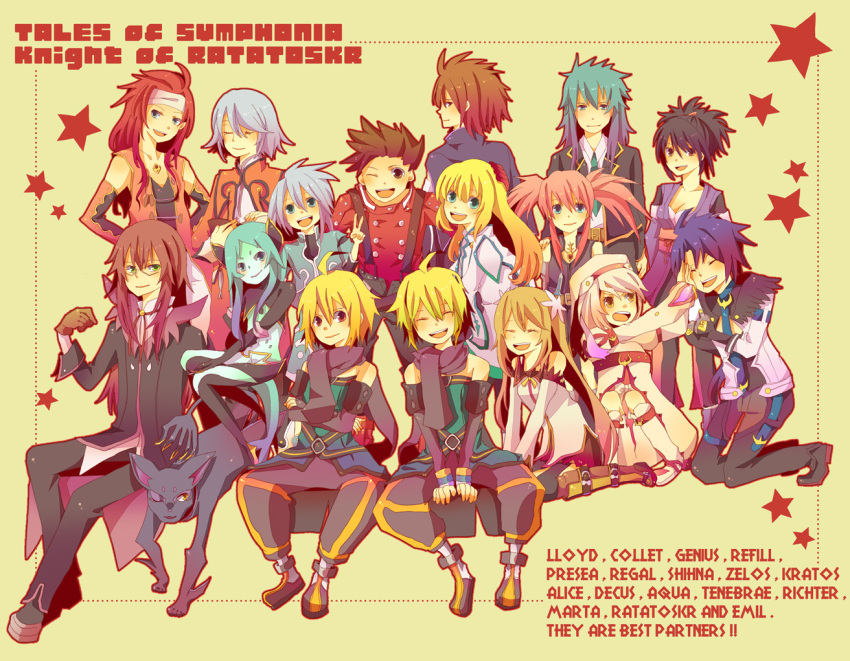 6+boys 6+girls alice_(tales) aqua_(tales) bad_id bad_pixiv_id character_name colette_brunel commentary_request conoha decus_(tales) emil_castagnier everyone fujibayashi_sheena genis_sage kratos_aurion lloyd_irving marta_lualdi multiple_boys multiple_girls pantyhose presea_combatir raine_sage red_shirt regal_bryan richter_abend shirt tales_of_(series) tales_of_symphonia tales_of_symphonia_knight_of_ratatosk tenebrae_(tales) zelos_wilder