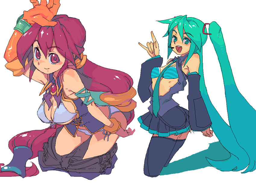 2girls aqua_hair bad_id bad_pixiv_id bikini cropped_legs crossover dark_chronicle hatsune_miku long_hair metata monica_(dark_chronicle) multi-tied_hair multiple_girls oekaki swimsuit thighhighs twintails very_long_hair vocaloid