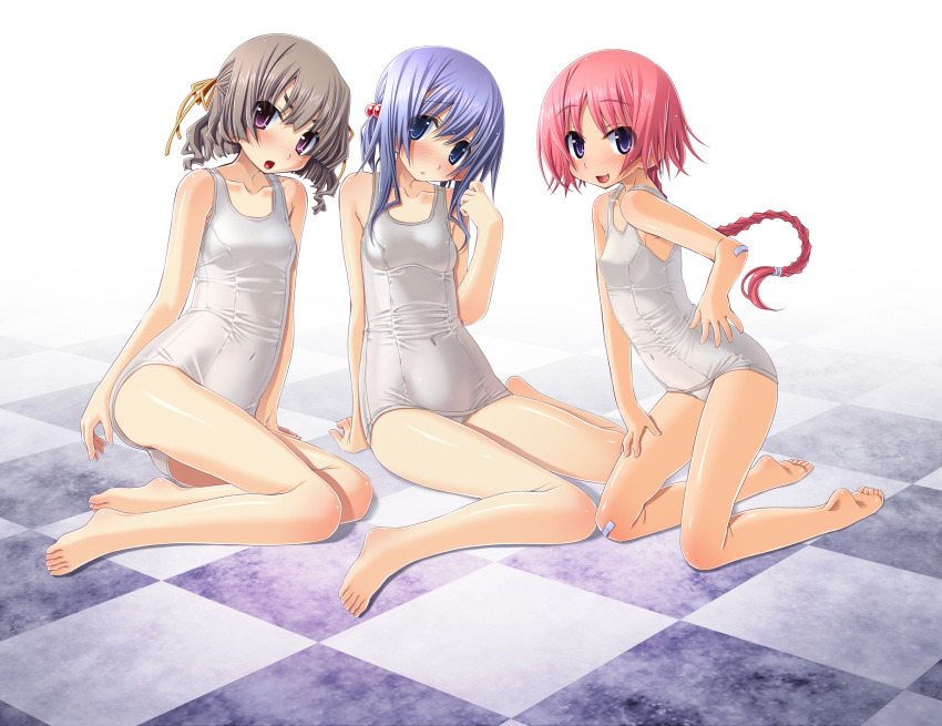 3girls barefoot blush braid commentary_request feet highres multiple_girls one-piece_swimsuit sakuya_tsuitachi school_swimsuit shiny_clothes short_hair smile sukumizu_tabehoudai swimsuit white_one-piece_swimsuit