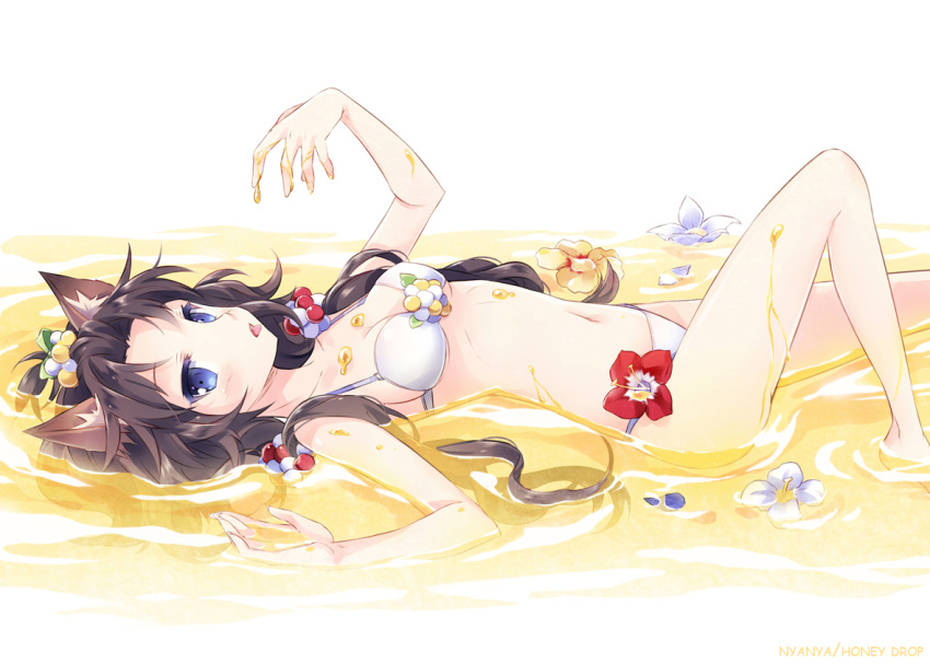 animal_ears bad_id bad_pixiv_id barefoot bikini blue_eyes breasts brown_hair cat_ears collarbone commentary_request female flower hair_bobbles hair_ornament long_hair looking_at_viewer lying medium_breasts navel nyanya on_back original photoshop_(medium) slime_(substance) solo swimsuit tongue white_bikini