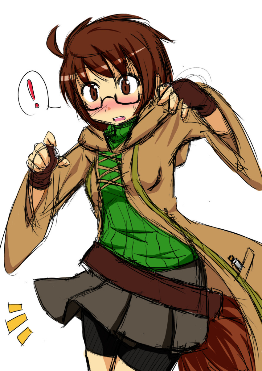 aussa belt bike_shorts brown_eyes brown_hair duel_monster glasses highres short_hair skirt turtleneck yu-gi-oh! yuu-gi-ou_duel_monsters