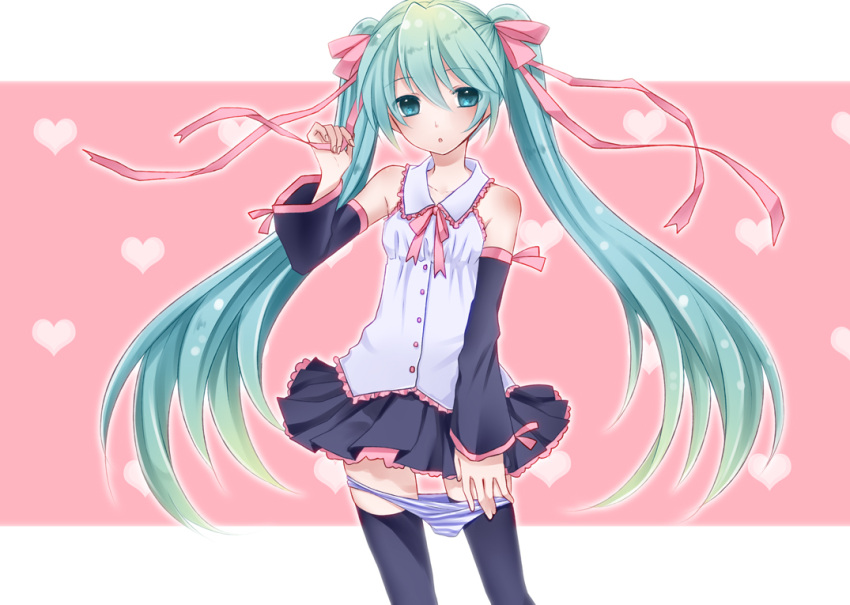 aqua_eyes aqua_hair bow bowtie commentary_request detached_sleeves female hair_ribbon hatsune_miku long_hair panties panty_pull ribbon skirt solo thighhighs twintails underwear very_long_hair vocaloid yayoi_(egoistic_realism)