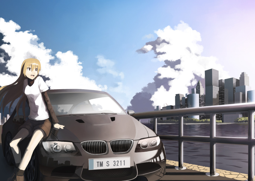 blonde_hair brown_eyes building car city clouds long_hair original sakais3211 shorts