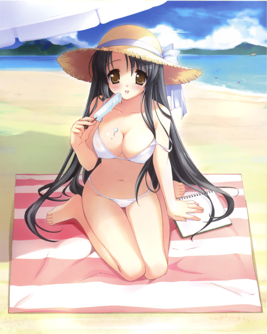 11eyes :p arm_support barefoot beach bikini black_hair blush breasts brown_eyes cleavage day female food food_on_body hat highres kneeling large_breasts long_hair navel notepad off_shoulder official_art ozawa_yuu parasol popsicle sitting solo strap_slip sun_hat swimsuit tachibana_kukuri thigh_gap tongue tongue_out umbrella very_long_hair wariza