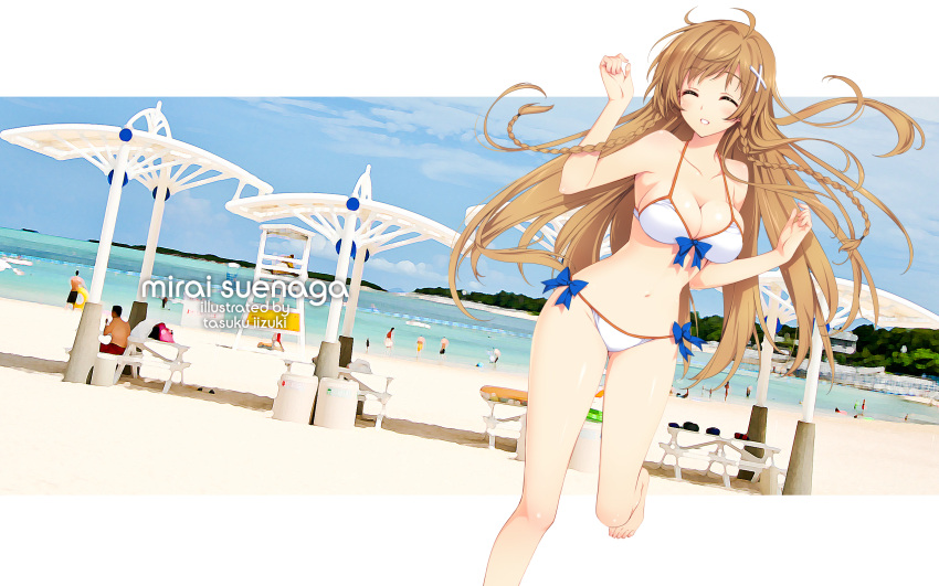 artist_name bare_legs bare_shoulders barefoot beach bikini braid breasts brown_hair character_name cleavage closed_eyes culture_japan dutch_angle english_text female hair_ornament highres iizuki_tasuku long_hair medium_breasts navel outdoors smile solo string_bikini suenaga_mirai swimsuit twin_braids white_bikini