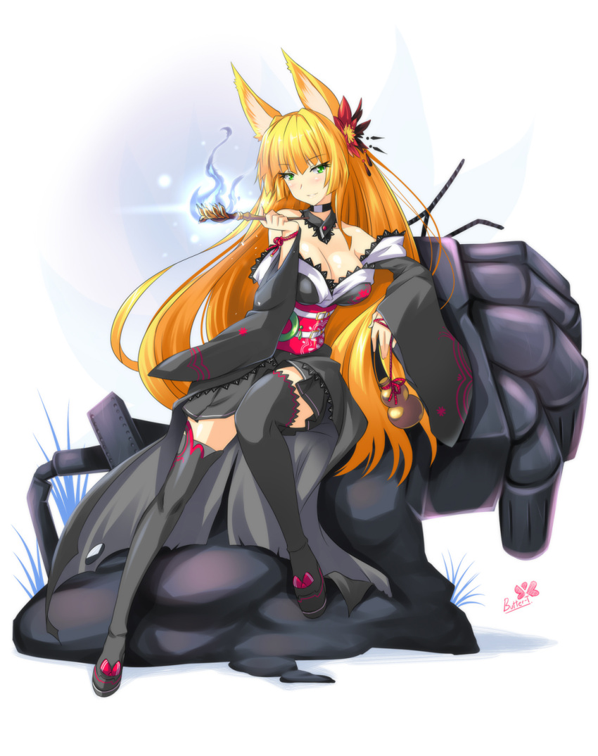 animal_ears black_kimono black_thighhighs blonde_hair breasts butter-t choker cleavage collar commentary female fire flower fox_ears giant_hand gourd green_eyes hair_ornament highres japanese_clothes kimono kiseru large_breasts legs long_hair long_legs long_sleeves original photoshop_(medium) smile smoking_pipe solo thighhighs thighs very_long_hair