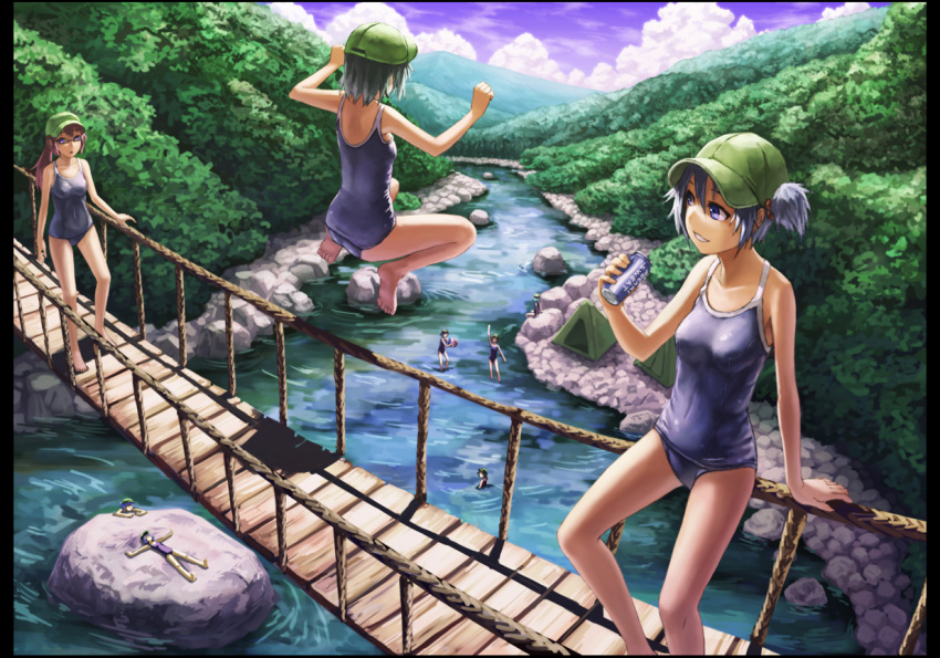 6+girls arm_support bad_id bad_pixiv_id bare_legs bare_shoulders bathing blue_eyes blue_hair blue_sky bridge brown_hair can cloud dark_haired_kappa day drink_can forest glasses glasses_kappa hair_bobbles hair_ornament hanging_bridge hat holding jumping kappa_mob_(touhou) kawashiro_nitori kurione_(zassou) lying multiple_girls nature on_back one-piece_swimsuit open_mouth outdoors outstretched_arms pillarboxed ponytail purple_hair resized river rope_bridge scenery school_swimsuit short_hair sky smile soda_can swimsuit tent touhou two_side_up water wooden_bridge