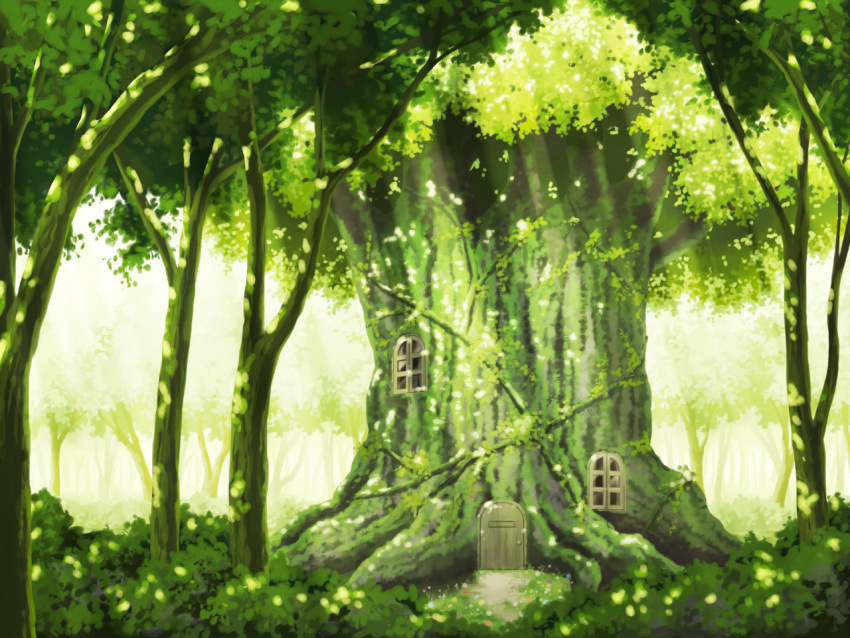 aoha_(twintail) bush commentary_request door forest gensokyo grass green_theme light nature no_humans outdoors photoshop_(medium) scenery sunlight touhou touhou_sangetsusei tree treehouse window