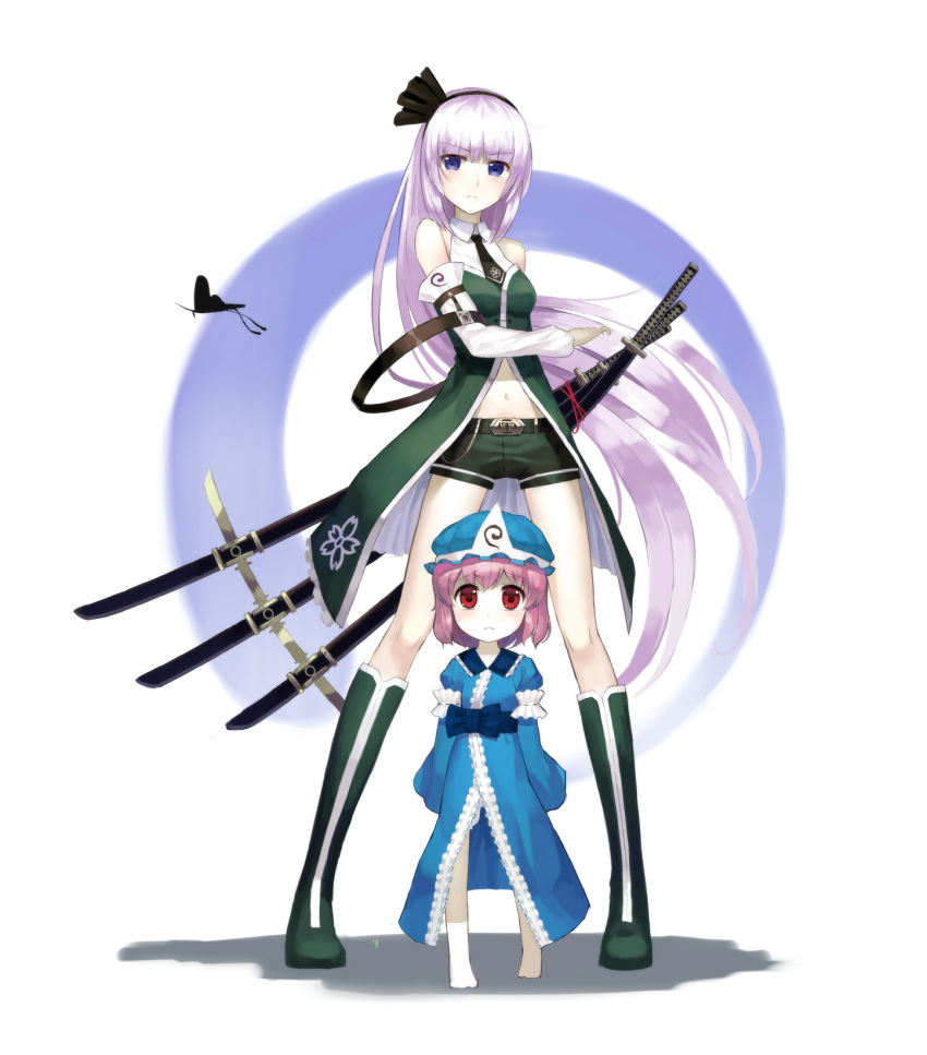 2girls adapted_costume age_switch aged_down aged_up alternate_costume alternate_hair_length alternate_hairstyle bad_id bad_pixiv_id bare_shoulders belt blue_eyes boots bug butterfly detached_sleeves fighting_stance hair_ribbon hairband highres keli_bang konpaku_youmu konpaku_youmu_(ghost) lolicon long_hair long_sleeves looking_at_viewer multiple_girls multiple_swords navel necktie pink_hair purple_eyes ready_to_draw red_eyes ribbon role_reversal saigyouji_yuyuko scabbard sheath short_hair shorts single_sock socks standing sword touhou triangular_headpiece very_long_hair weapon wide_sleeves