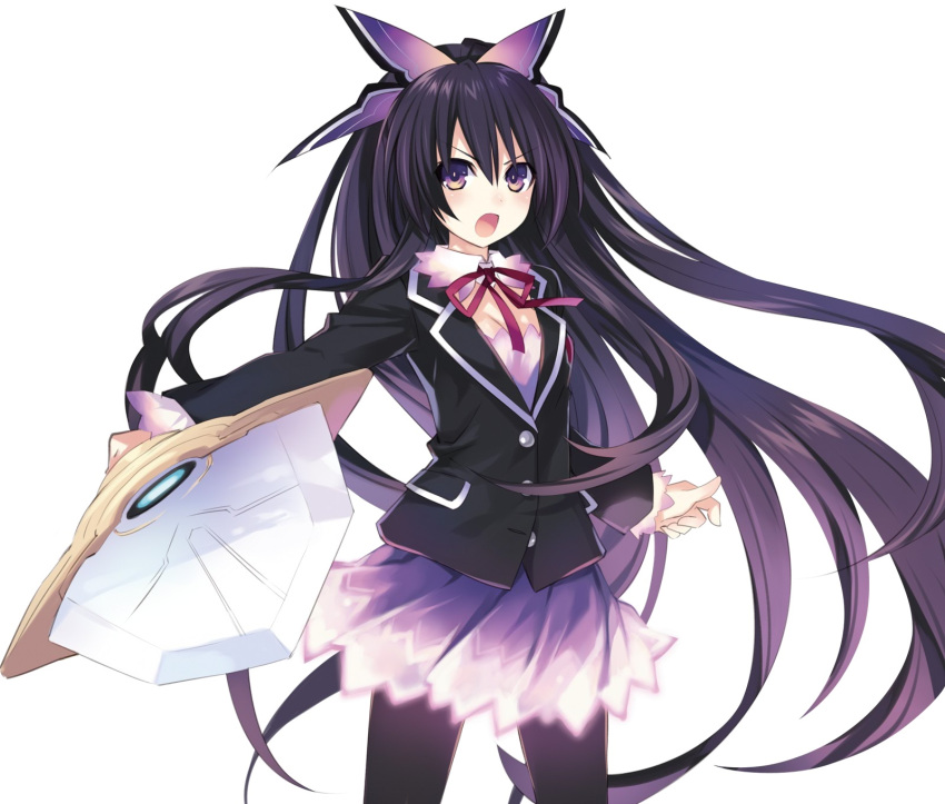 black_pantyhose blazer bow breasts cleavage date_a_live female hairbow highres jacket long_hair medium_breasts official_art open_mouth pantyhose purple_eyes purple_hair raizen_high_school_uniform school_uniform simple_background skirt solo sword tsunako very_long_hair weapon white_background yatogami_tooka